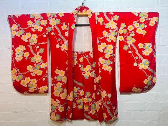 Circa 1920-30's Kinsha Silk Haori (Red Silk Jacquard, Plum Blossoms Pattern)