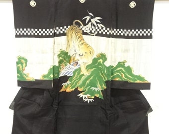 Circa 1920's Boys Ceremonial Kimono: 5 Family Crests, Tiger and Check, Japanese Art Deco.