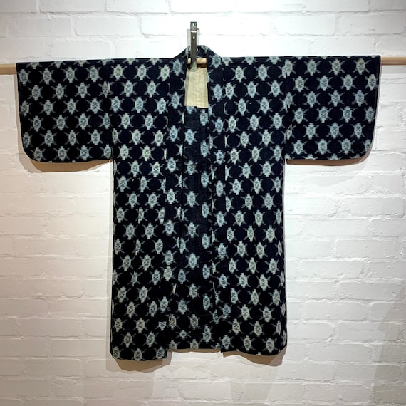 SOLD / Circa 1900-50s Vintage Cotton Kasuri Ikat Weaving Textile Noragi Hanten Kimono Jacket: Navy x Light Blue x Grey, Geometric Pattern