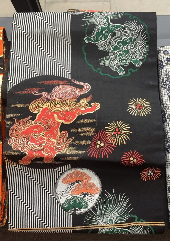 Silk Black Nagoya Obi (Red & White Karajishi Lion - 唐獅子,Pine, Stripe Pattern)