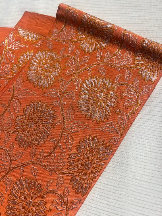 SOLD / Silk Hanhaba Obi (Chrysanthemum Arabesque pattern Salmon orange)