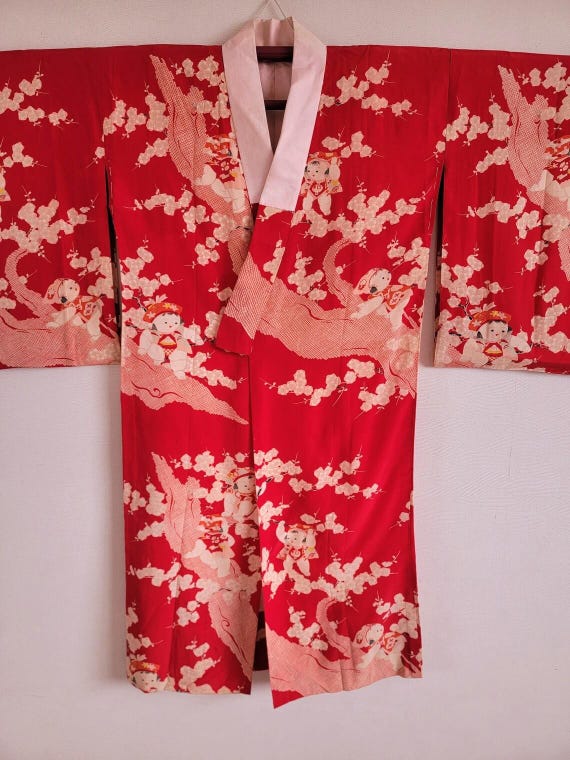 Circa 1930's Silk Nagajuban Silk Lining (Plum blossom & Playing Children Print)