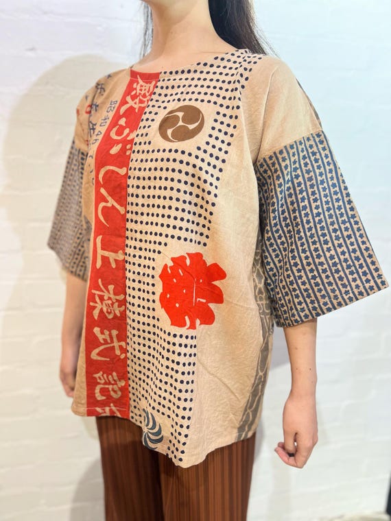 Upcycled Tenugui Towel Patchwork Top(Kaki Persimmon Botanical Dyed Cotton)