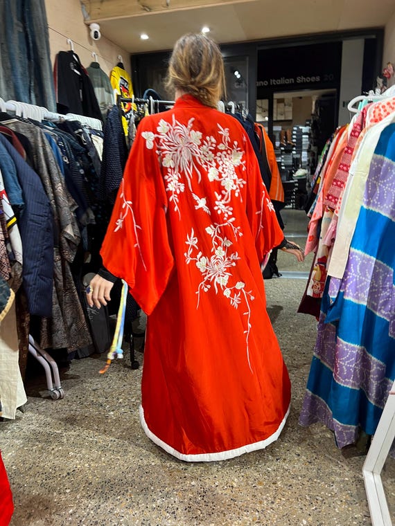 Circa 1930-50's Red Kimono Gown with fancy fringes for European Export (Silk Mix/Chrysanthemum Embroidery)