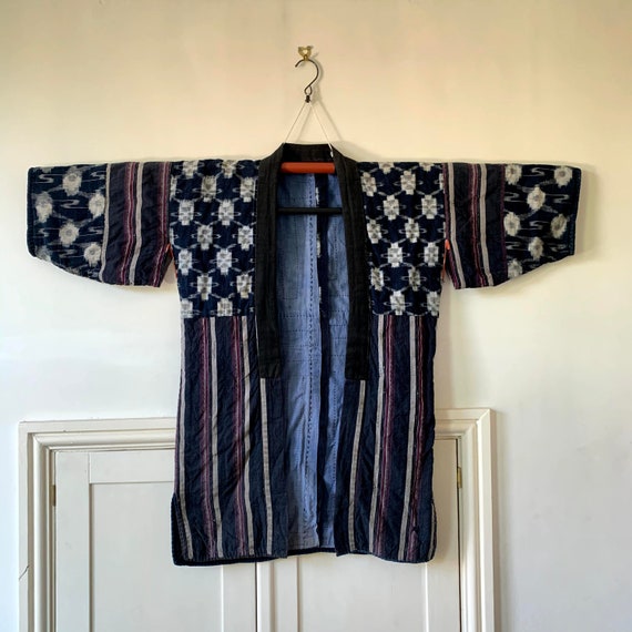 SOLD Prewartime Noragi-Hanten Work Jacket: Indigo-dyed cotton Kasuri Ikat Geometric & Stripe