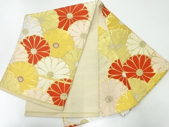 Circa 1930's -60's Gold Silk Woven Brocade Chrysanthemum Fukuro Obi