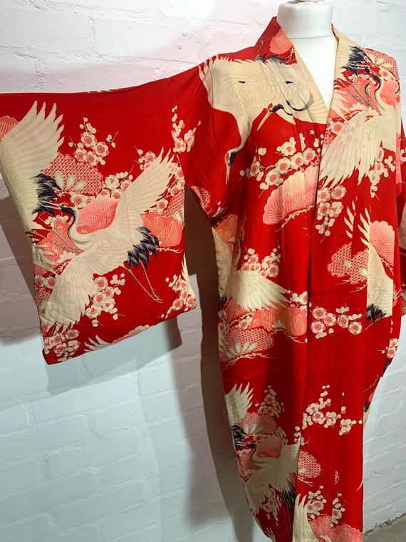 SOLD Circa 1920s Vintage Silk Nagajuban Under Kimono: Red, Pink, and White with Crane Birds, Pine tree, Plum Blossoms Pattern