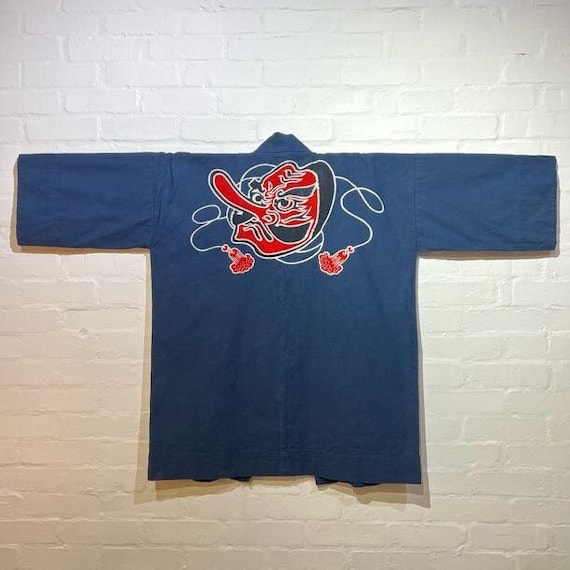 Sold / Vintage Indigo Cotton Matsuri Hanten Jacket:  "Daimon-gumi (大門組）",Tengu on the back