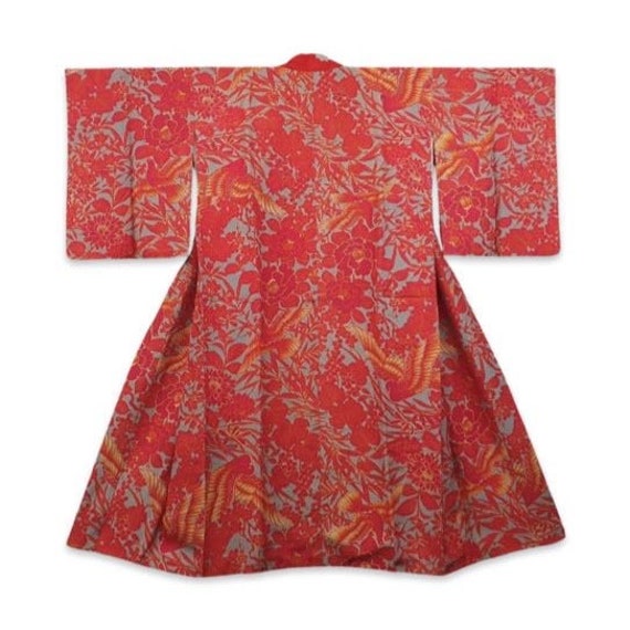 Circa 1920-30s Vintage Silk Kimono : Red, Grey, and Orange with Birds of Paradise Motif Print