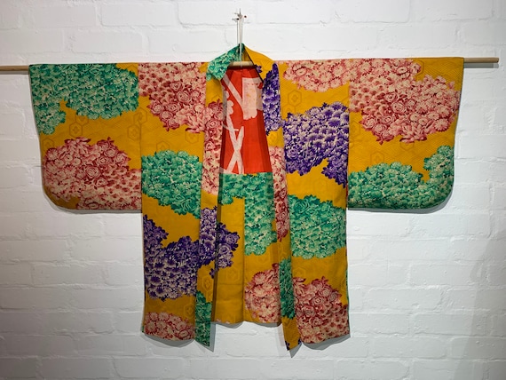 Circa 1920-30's Silk Kinsa(金紗) Jacquard Haori Kimono Jacket: Yellow x Pastel Colour collection of flowers/ Red Silk Lining / Reversible