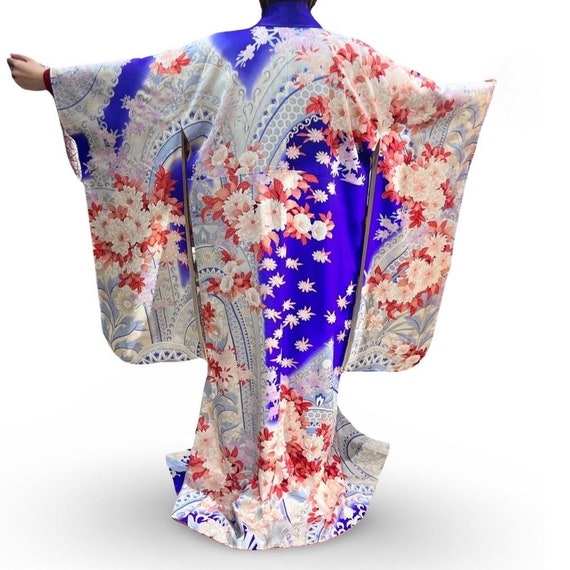 SOLD / Vntage Silk  Long Sleeved Furisode Kimono: Blue - Floral & fortune symbols