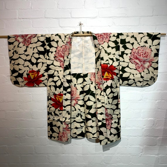 SOLD / Circa 1920-30s Silk Meisen Ikat Flat Woven Haori Jacket: Pink & Red Roses and White leaves on Green Background