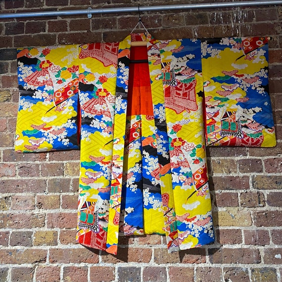 SOLD  1920's Silk Haori  Kimono Jacket : Blue, Red, and Yellow fortune symbols  on sayagata (紗綾形) pattern