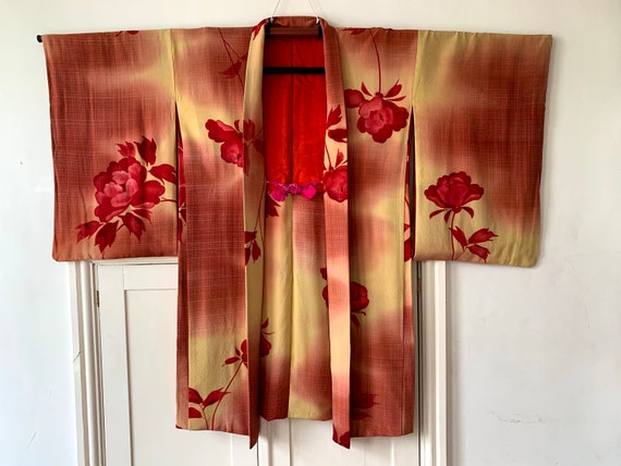 SOLD /  1920-30s Silk Haori Kimono Jacket: Rose Pattern,  Hand Painted & Blur Dye