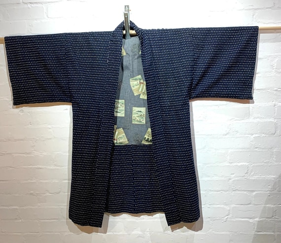 SOLD Postwar 1940-50's Cottonn Kasuri Woven Hanten Haori Work Jacket: Navy x White Dots Pattern