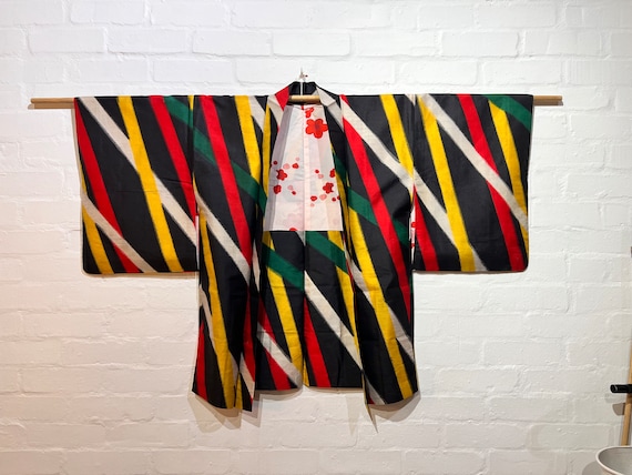 SOLD/ Circa 1920-1930s Silk Meisen Haori: Geometric Stripes(Black x Colorful) - Silk Plum blossom pattern lining