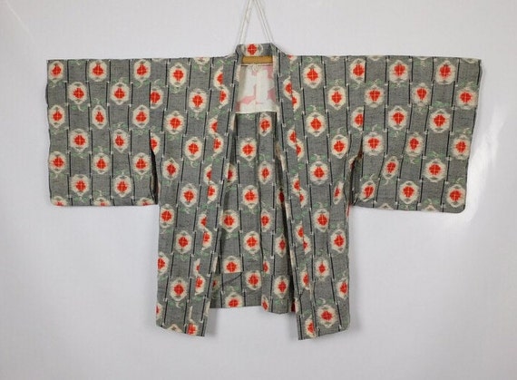 SOLD/ Circa 1930-50's Wool Kasuri Ikat Haori Jacket ; Grey x Red