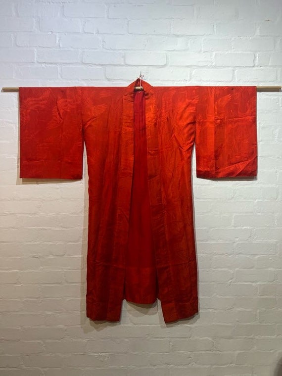 SOLD / Circa 1920s Vintage Silk Beni Red Jacquard Nagajuban - Crane Pattern