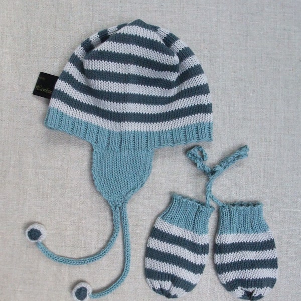 Knitted cotton baby hat & matching mittens set,  Baby gift set, Knitted hat, Knitted mittens on strings, Grey striped hat with earflaps