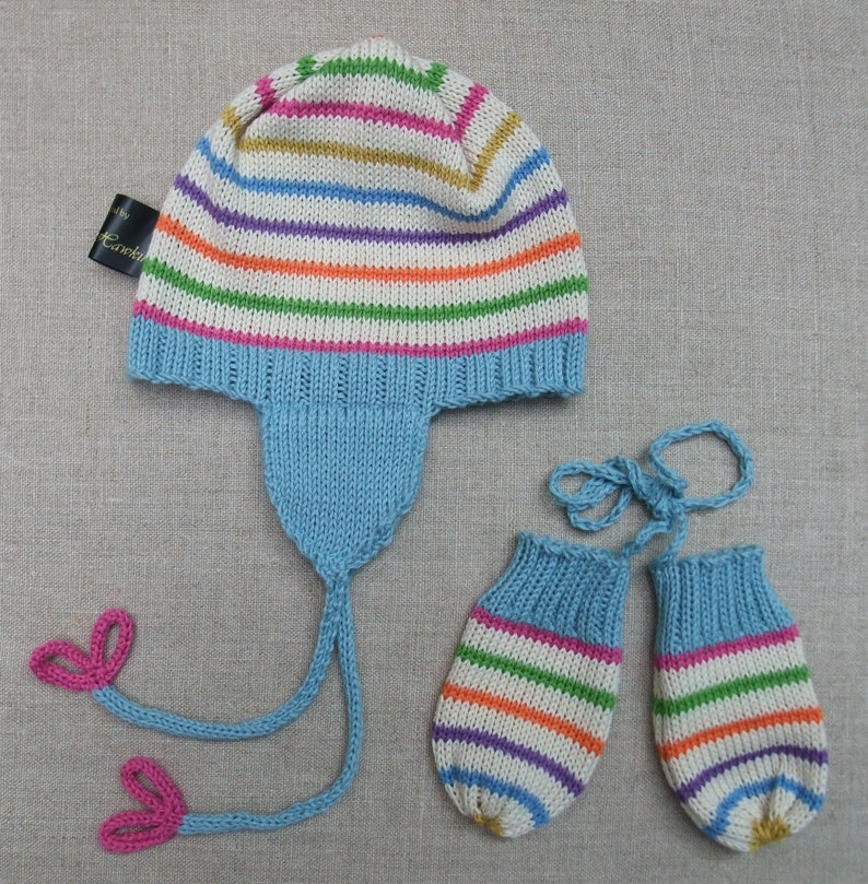 Rainbow knitted hat & separate mittens image 2