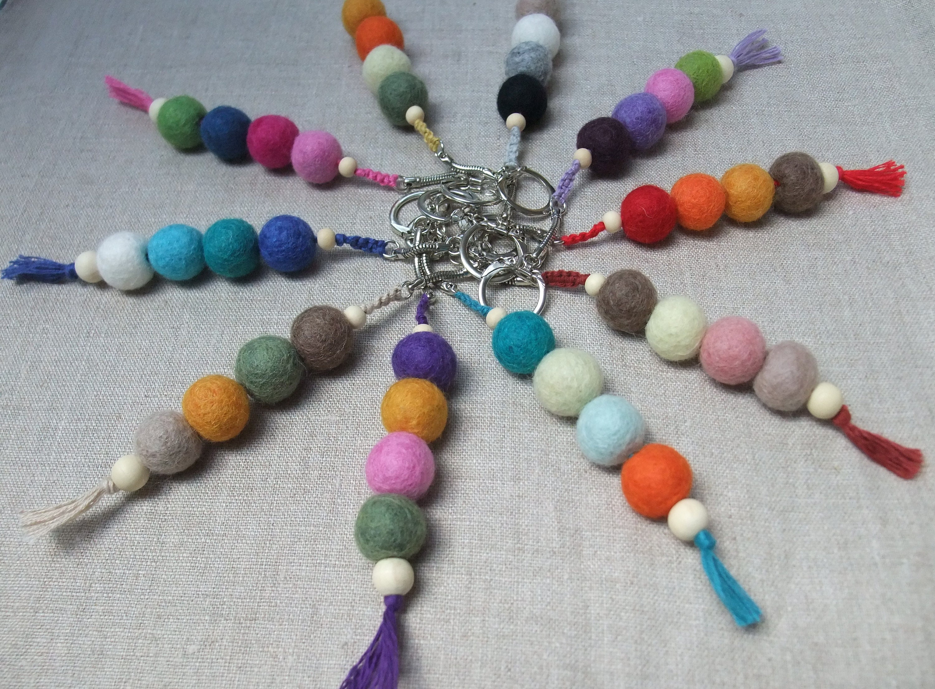 Felt Ball and Wood Bead Keychain Craft Kit With White Wool Felted