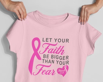 Camiseta "La fe es más grande que el miedo", camiseta de concientización sobre el cáncer de mama, camiseta del lazo rosa de octubre, apoyo a sobrevivientes de cáncer de mama, caminata contra el cáncer de mama