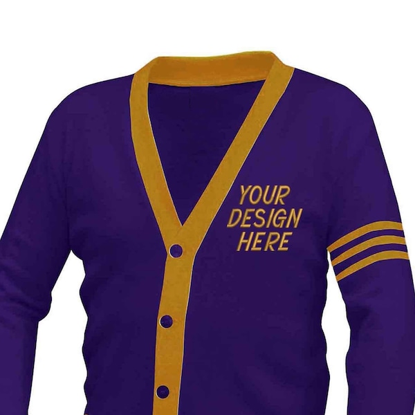 Cárdigan escolar unisex con bordado personalizado en morado y dorado antiguo, suéter universitario, ropa griega, ropa universitaria, corte unisex, parafernalia