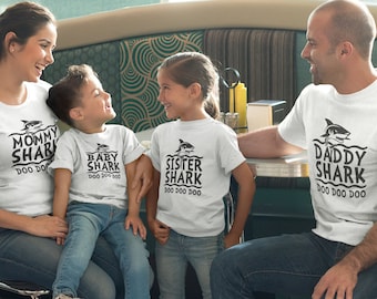Family Shark Set. 3 Shirts Minimum. Mama Shark. Daddy Shark. Baby Shark. Matching Family Shark Shirts. Mom, Dad, Baby Shark