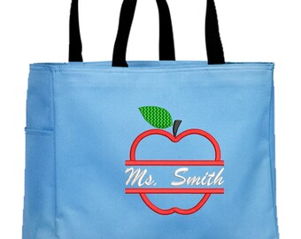 Personalized Teacher Split Apple Tote Bag With Embroidered Monogram Teacher's Name, Teacher Gift, Embroidery, Embroidered Tote Bag