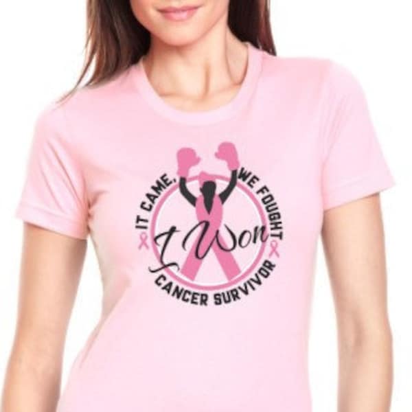 Camiseta "Gané" para la concientización sobre el cáncer de mama, camiseta de superviviente, camiseta con lazo rosa de octubre, camiseta de apoyo a supervivientes de cáncer de mama, camiseta para mujer