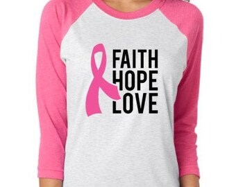 Camiseta de fe, esperanza y amor para la concientización sobre el cáncer de mama, camiseta de superviviente, camiseta con lazo rosa de octubre, camiseta de apoyo a la superviviente de cáncer de mama, camiseta para mujer