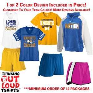 May include: Assortment of athletic apparel including t-shirts, shorts, and a hoodie. The shirts feature team-themed graphics and text, with options for customization. Colors include white, yellow, blue, and pink. The text on the apparel includes "I Cheer So Hard", "Knights", and "Loud & Proud".