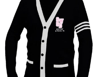 SWSD Custom Black and White Embroidered Jack & Jill Unisex Cardigan, Varsity Sweater