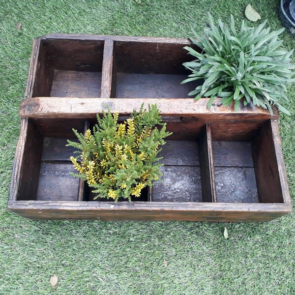 XL Vintage, Rustic Pine Trug, Toolbox, Antique, Rustic Wooden Caddy, Pigeon Hole Storage, Heavy Wooden Garden Trug.