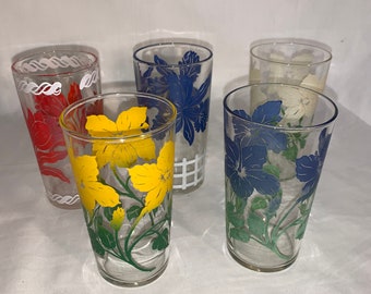 Floral Patterned Glasses Set of Five Mid Century Kitchenware Vintage Drinking Cups