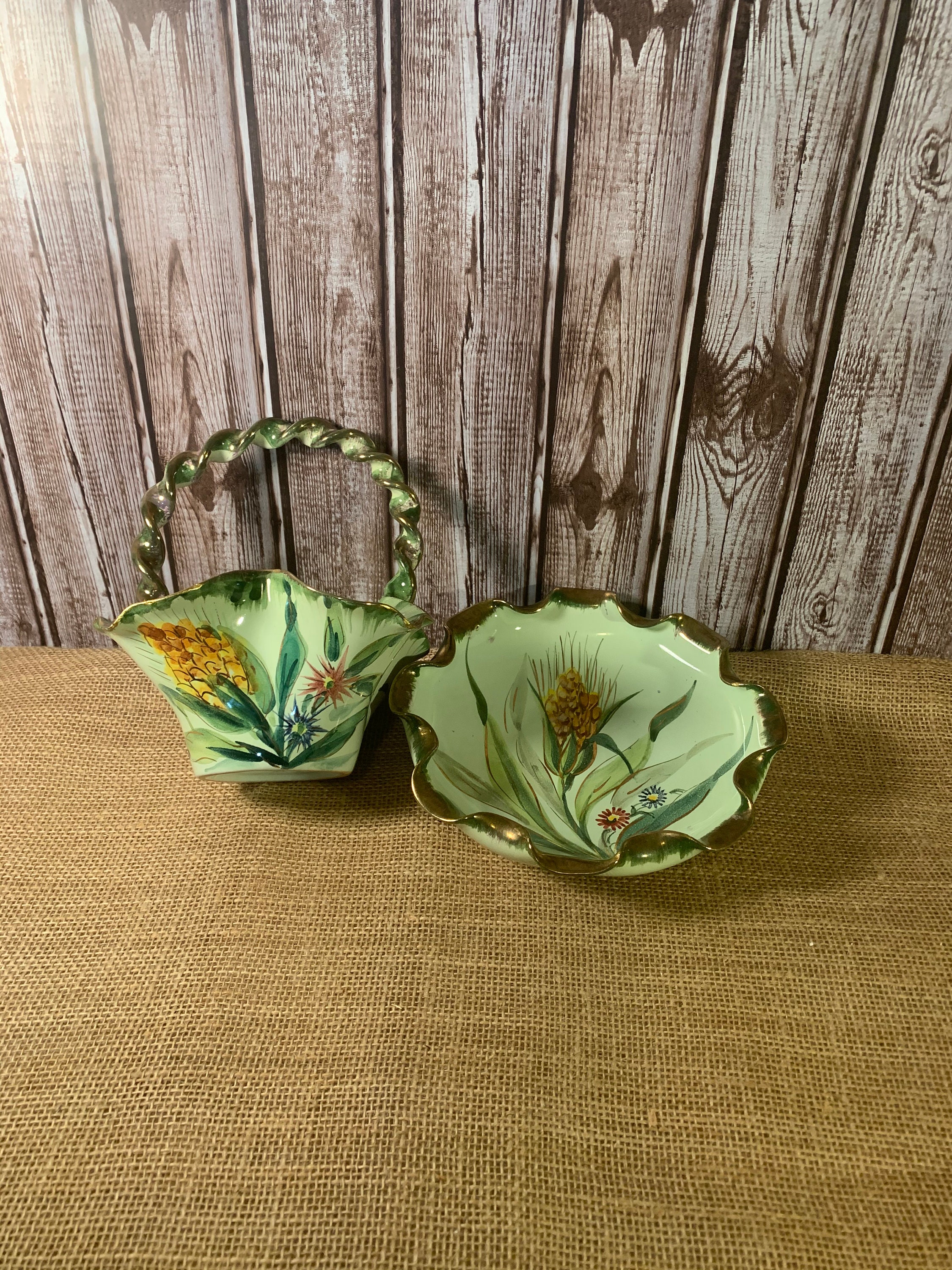 Vintage Italian Green Ceramic Basket and Plate Hand Painted Etsy