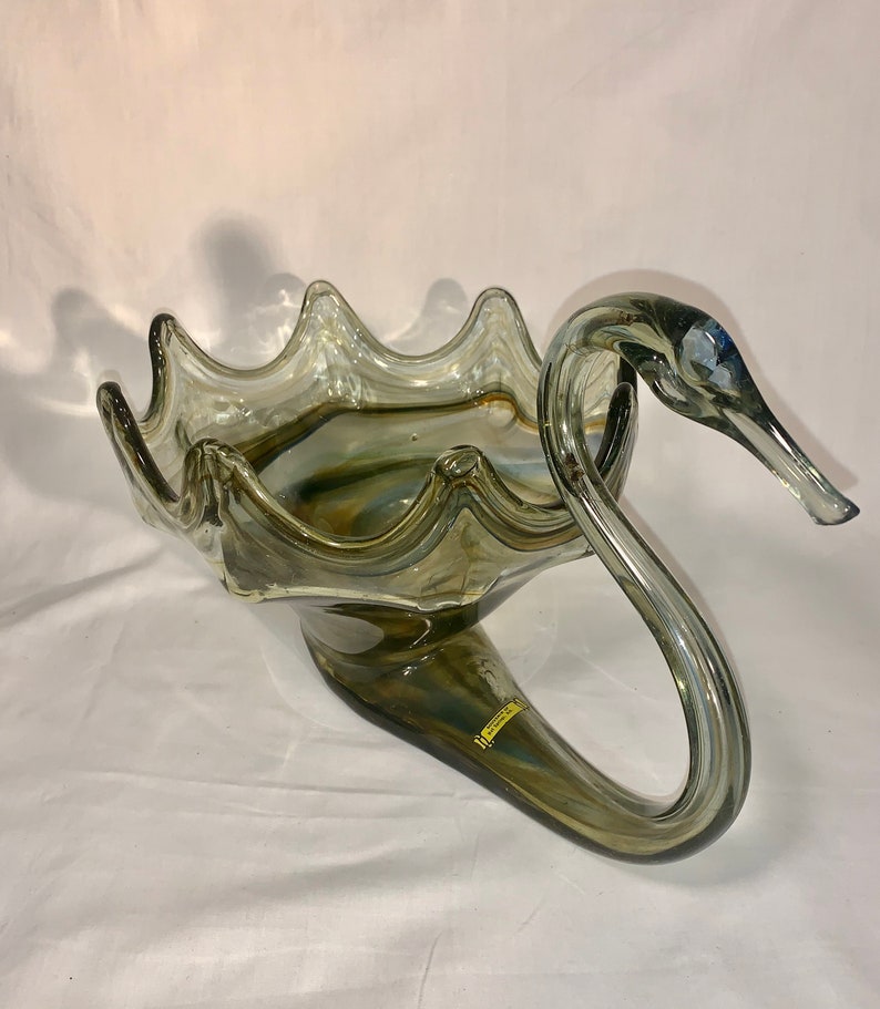 Hand Blown Glass Swan Bowl Green Vintage Etsy
