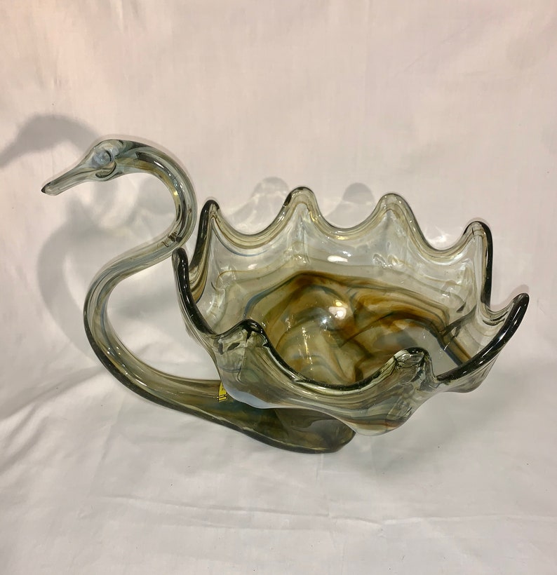 Hand Blown Glass Swan Bowl Green Vintage Etsy