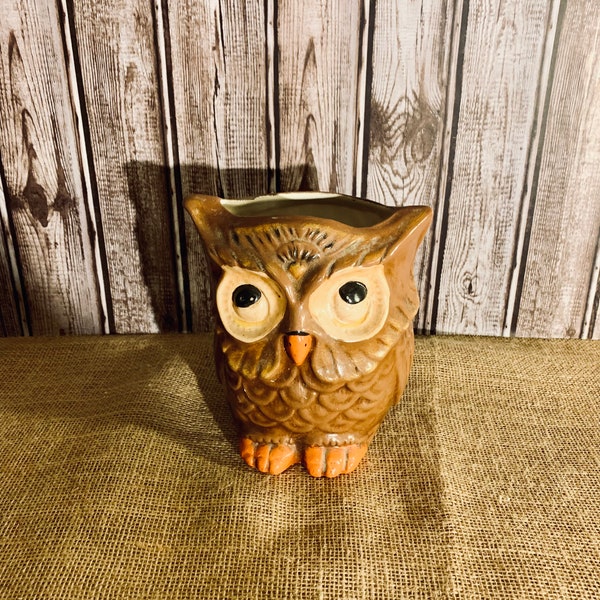 Owl Flower Pot, Vintage Ceramic Owl Vase, Owl Planter,