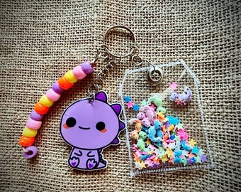 Shaker Keychain: Kawaii Dinosaur, Resin & Vinyl, 6-7 Inch Long