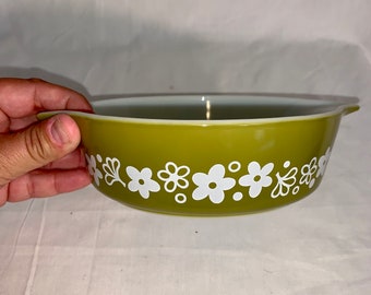 Vintage Pyrex Dish, Olive Green, White Flower Print, Vintage Dish, Collectible Dinnerware