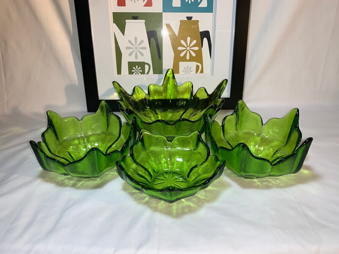 Vintage Green Glass Lotus Bowl Set Vintage Glassware Retro Etsy