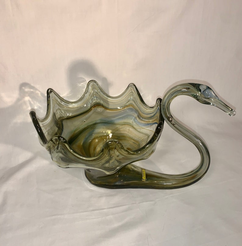 Hand Blown Glass Swan Bowl Green Vintage Etsy