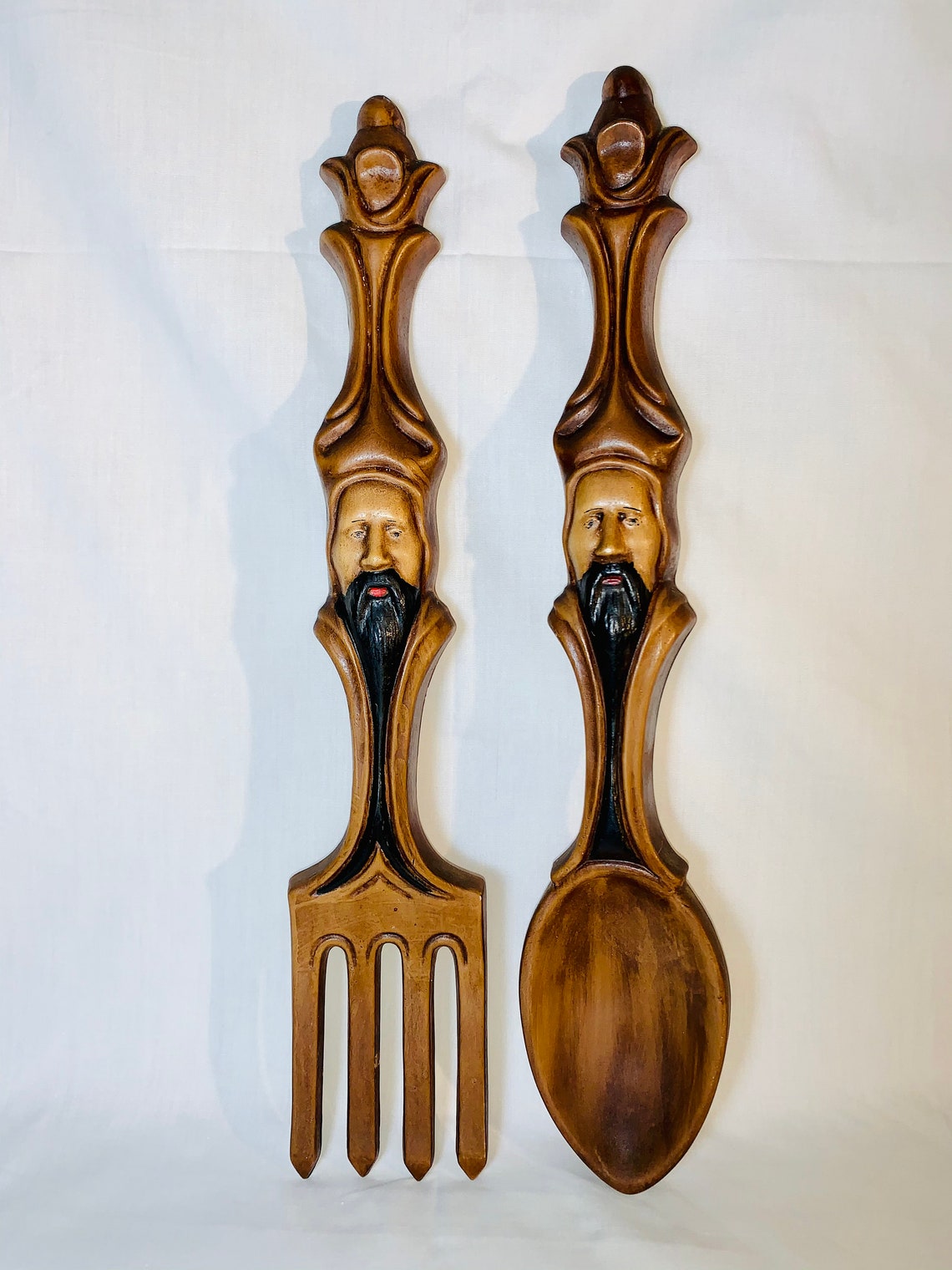 Vintage Ceramic Big Fork and Spoon Wall Decor, Mid Century Kitchen