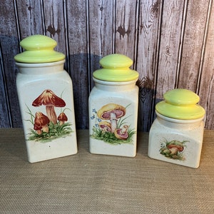 Vintage Mushroom Patterned Canister Set, Ceramic Mushroom Canisters, Vintage Kitchen Storage, Mushroom Decor