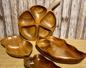Wood Serving Dishes, Set of Four, Vintage Wood Platters, Bowls