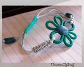 Green bracelet - Spring bracelet - silver nylon cord - macrame bracelet - teal  blue polymer clay flower link - friendship bracelet