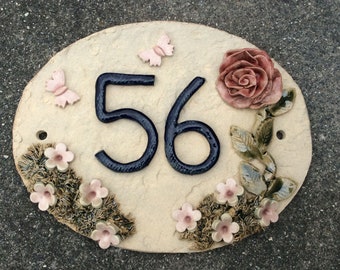 Custom Made Ceramic House Number Plaque, Personalised Address Sign, Handmade New Home Gift, Red Rose and Butterfly Design
