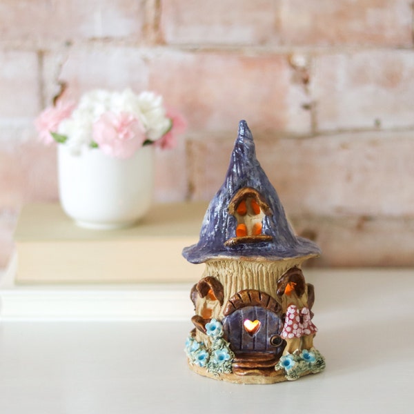 Fairy house tea light holder, ceramic candle holder,  pottery night light, gift for her