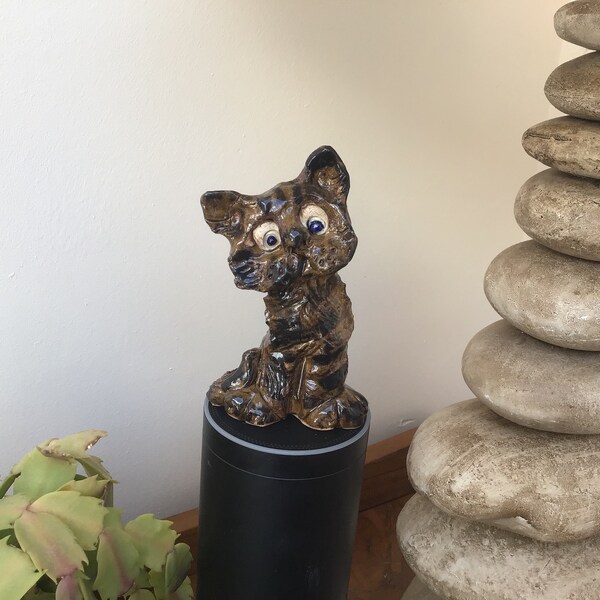 Brown tabby cat ornament, ceramic pussycat figurine, ONE OF A KIND